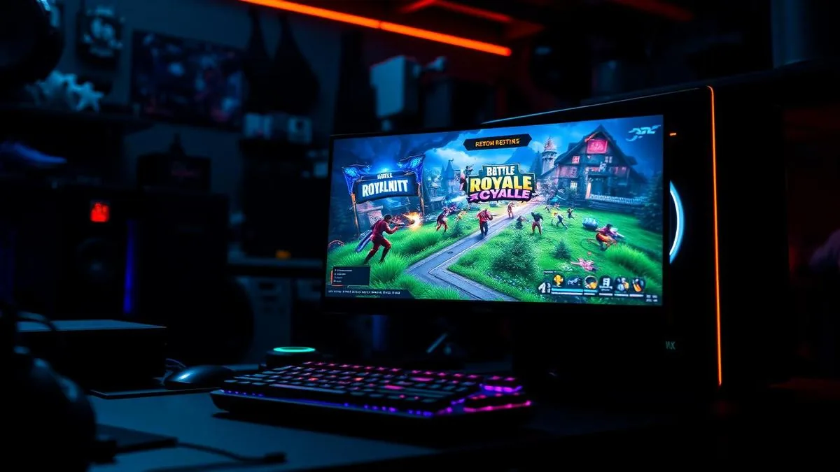 Écran de jeu battle royale sur un PC gaming monté en atelier