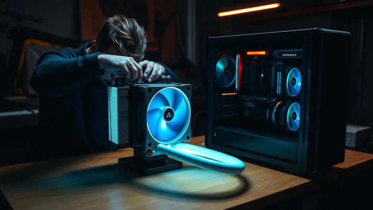 Ventirad tour et watercooling AIO comparés sur un établi d'atelier